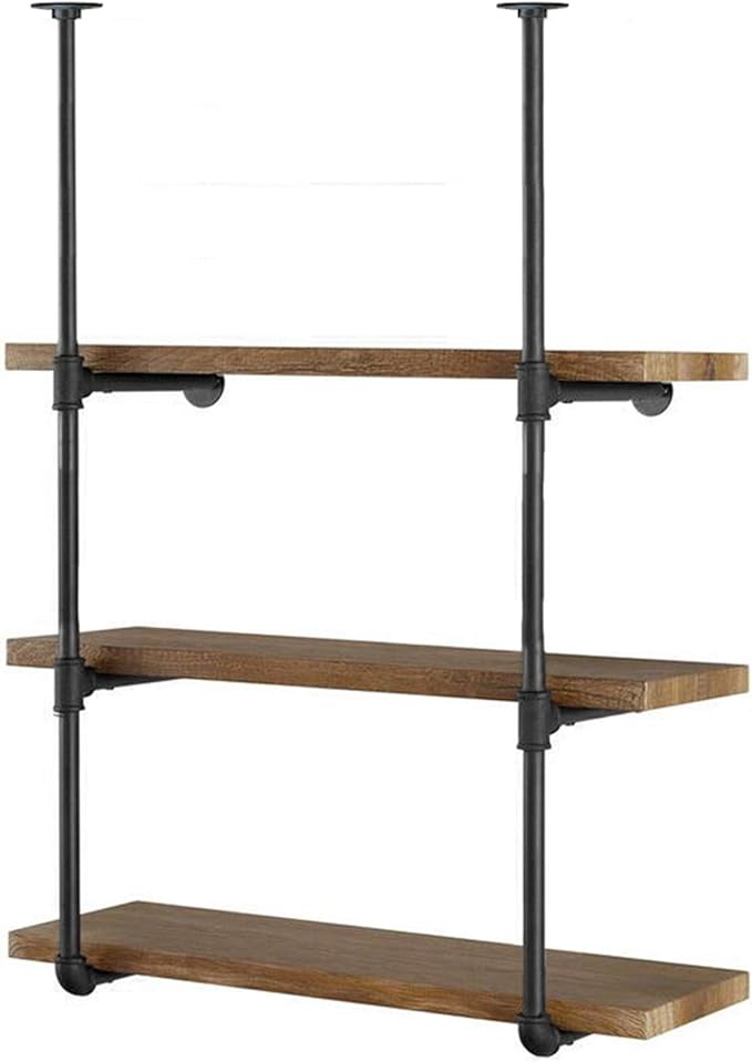 Yuanshikj 2Pc (42" tall 12" deep, 3/4") Industrial Wall Mount iron Pipe Shelf Shelves Shelving Bracket Vintage Retro Black DIY Open Bookshelf Storage Home Kitchen (2 Pcs 3Tier Hardware only)