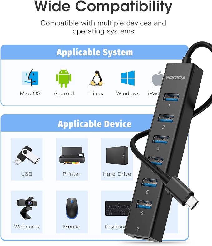 FORIDA USB C Hub-8 Port USB HUB with 7 USB3.0 Data Ports,Aluminum Alloy USBC Splitter with Type C 5V/3A Power Port Compatible with MacBook, iPad, Surface Pro, XPS, Laptop,PC (Black,USB C-9.8in)