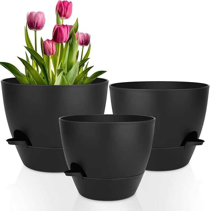 Plant Pots 12/10/9 Inch Self Watering Pots, Set of 3 Plastic Planters with Drainage Holes and Saucers,Plastic Flower Pots,Nursery Planting Pot for Indoor Out Door Plants(Pure Black)