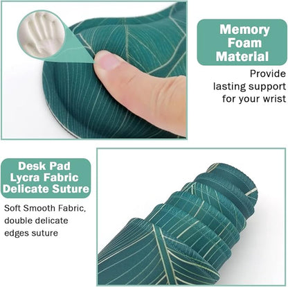 Ergonomic Large Mouse Pad and Keyboard Wrist Rest, Desk Pad for Keyboard and Mouse, 4-in-1 Large Gaming Mouse Pad with Wrist Support for Home Office Study Game-Green Leaves