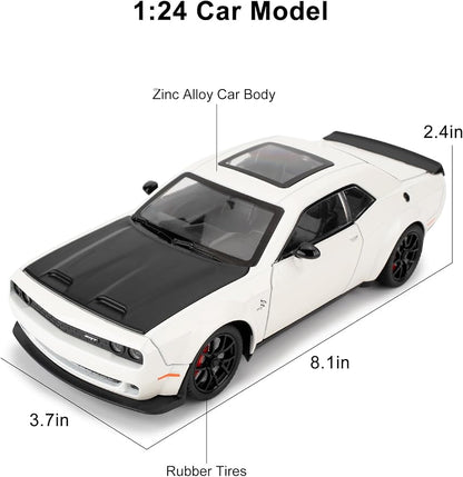 Compatible for 1/24 Dodge Challenger SRT Hellcat Car Model, Collectible Die-Cast Model Car with Lights and Sounds,Pull Back Car Toy for Adults Kids Birthday Gifts Decoration (White)