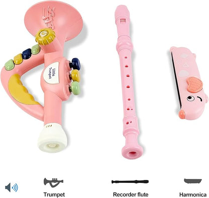 Toddler Musical Instruments Toy Trumpet, Harmonica, Recorder Flute for Kids Baby, Musical Toys Set for Children Boys Girls Ages 2 3 4 5, Pink (Pink)
