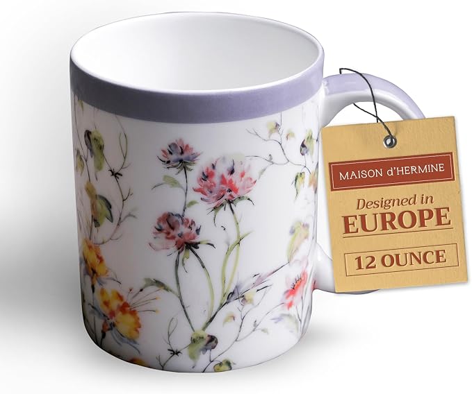Maison d' Hermine Coffee Mug with Handles Tea Cups (12 Ounce, Pack of 1) | Fine Bone China Coffee Mugs for Hot Beverages Cappuccino Latte Home Restaurant Spring Summer -Summer Floral - Pink Clover