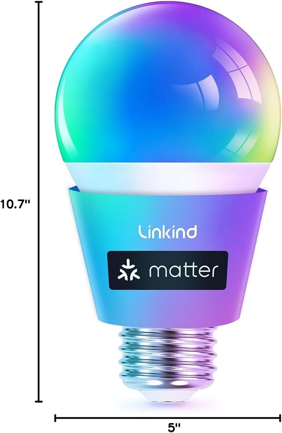 Linkind Matter Smart Light Bulb, Smart Bulbs Work with Alexa/Apple Home/Google Home, Color Changing Light Bulbs Music Sync, Preset Scenes, Mood Lights, 2.4Ghz WiFi Only, A19 E26 60W 1 Pack