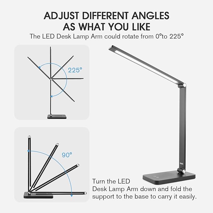 mafiti LED Desk Lamp for Home Office,Touch Desk Light 5 Light Modes 3 Brightness,Foldable Table Lamp with Adjustable Arm,Eye-Caring Lamp with USB Port, Bedside Lamp for working Reading Study,Black