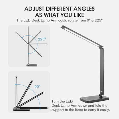 mafiti LED Desk Lamp for Home Office,Touch Desk Light 5 Light Modes 3 Brightness,Foldable Table Lamp with Adjustable Arm,Eye-Caring Lamp with USB Port, Bedside Lamp for working Reading Study,Black