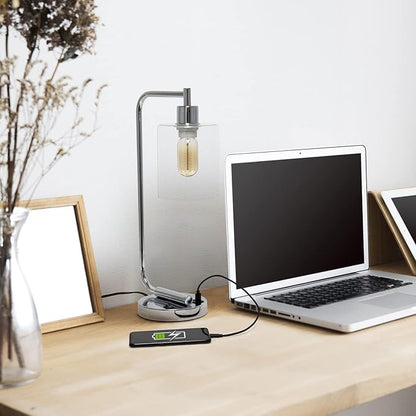 Simple Designs LD1066-CHR Bronson Antique Style Industrial Iron Lantern Desk Bedside Table Lamp with Dual 2 USB Charging Ports and Glass Shade, Chrome