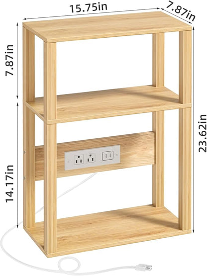 YUFAM 3 Tier Small Narrow Bamboo Side Table Set of 2 with Charging Station - Skinny Nightstand for Small Spaces, Slim Bedside Table with USB Ports and Outlets - Thin End Table with Storage, Natural