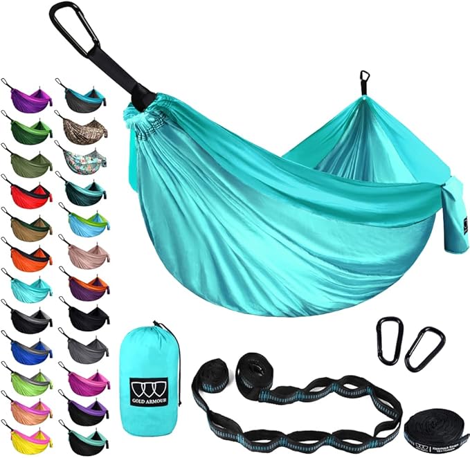 Gold Armour Camping Hammock - XL Double Hammock Portable Hammock Camping Accessories Gear for Outdoor Indoor with Tree Straps, USA Based Brand (Seafoam)