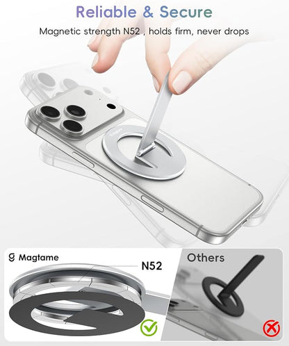 Magnetic Phone Stand Grip, 3-in-1 for MagSafe Phone Holder & Kickstand, Durable Silver Aluminum Grip, Ultra-Slim 2mm, 360° Rotation, Detachable for MagSafe Charging, Works with iPhone 17–12