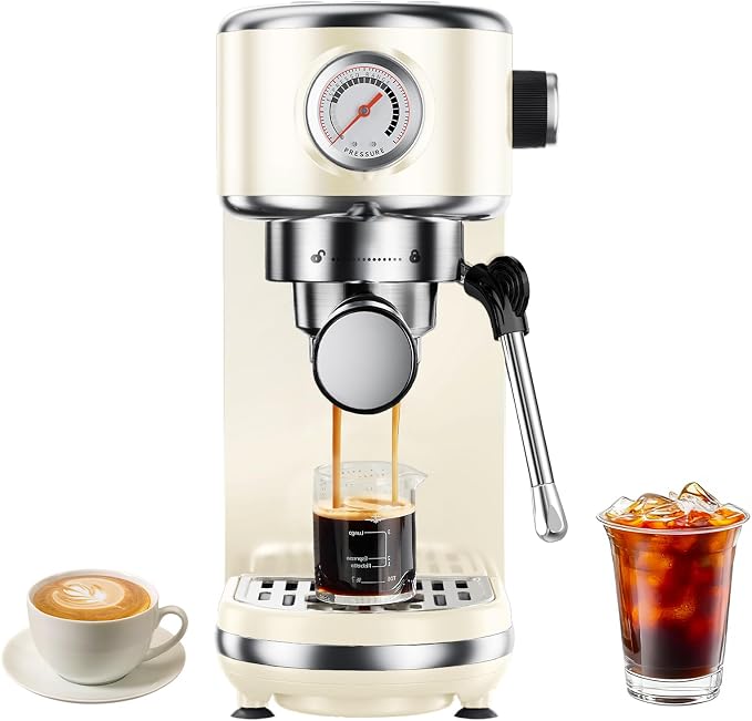 atatix 20 Bar Espresso Machine with Milk Frother, Compact Espresso Maker | Stainless Steel Coffee Machine with Precise Temp Control & 44oz Removable Water Tank for Latte, Cappuccino, Creamy White