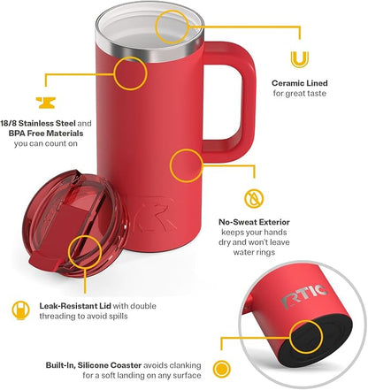 RTIC 16oz Road Trip Travel Mug with Lid and Handle, Ceramic Lined, Flag Red | Stainless Steel Metal, Insulated Travel Cup for Hot and Cold Drinks, Coffee, Car, Camping and Travel