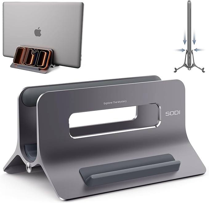 SODI Vertical Laptop Stand for Desk, Gravity Auto Lock MacBook Stand, Aluminum Laptop Holder Vertical Compatible with MacBook Pro, Air, Tablet, Space-Saving Organize Work & Home Office, Gray