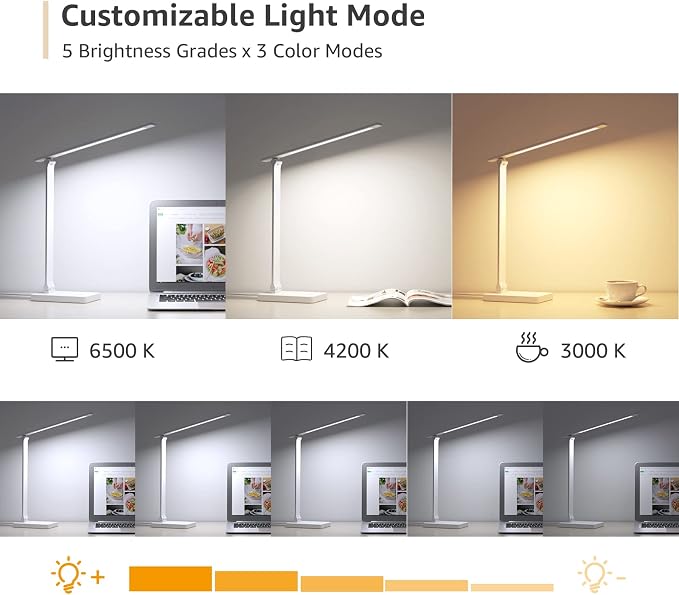 Lepro LED Desk Lamp with USB Charging Port for Dorm Room, 700LM 9.5W, White | Dimmable Table Lamp, 5 Colors 5 Brightness, Eye Caring Task Light for Home Office, Sewing, Crafting, Reading, Nail, Drafts