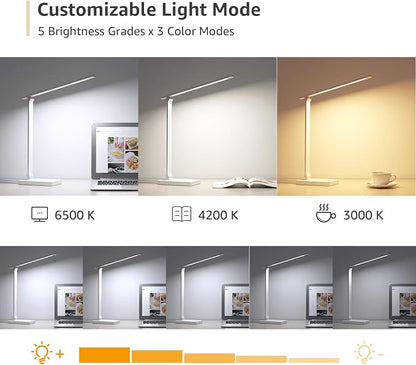 Lepro LED Desk Lamp with USB Charging Port for Dorm Room, 700LM 9.5W, White | Dimmable Table Lamp, 5 Colors 5 Brightness, Eye Caring Task Light for Home Office, Sewing, Crafting, Reading, Nail, Drafts