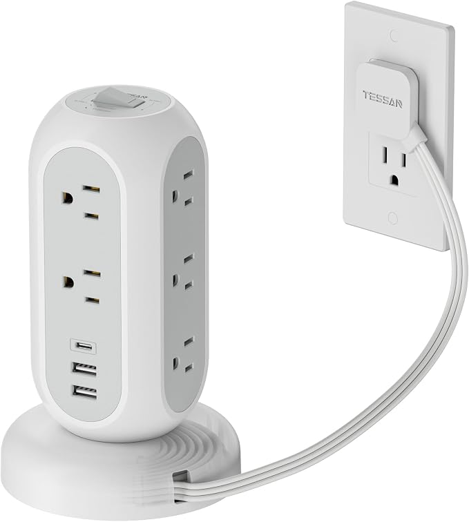 TESSAN Tower Power Strip Flat Plug with 1050J Surge Protection, 5 Ft, Grey | 11 Outlets 3 USB (1 USB C), Surge Protector Power Tower, Retractable Extension Cord with Multiple Outlets for Dorm, Office