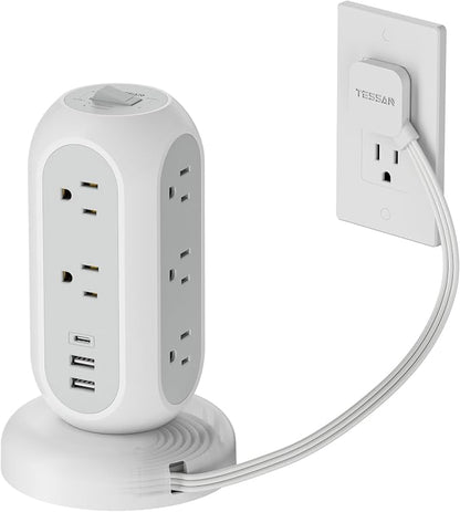 TESSAN Tower Power Strip Flat Plug with 1050J Surge Protection, 5 Ft, Grey | 11 Outlets 3 USB (1 USB C), Surge Protector Power Tower, Retractable Extension Cord with Multiple Outlets for Dorm, Office