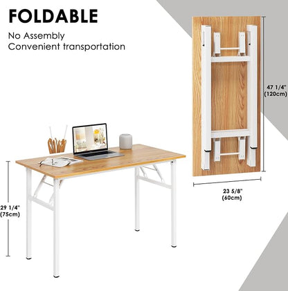 Need Office Computer Desk 47.2x23.6 in Sturdy Folding Laptop Table Teak | White Frame Writing Gaming Work Table/Foldable Home Office Desk/Sewing Table, No Assembly Required