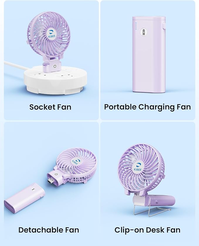 KIBEE Portable Handheld Fan, 5200mAh Rechargeable Mini Fan with Up to 20H Runtime, 180° Foldable Personal Fan, 3 Speeds, Desk Stand, Travel Essentials for Women, Concerts, Makeup, Camping, Purple