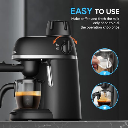 XIXUBX Compact Espresso & Cappuccino Machine, 3.5 Bar with Steam Wand | 800W Fast Heating, Safety Lock & Tritan Cup, One-Touch 4-Cup Brewing & Powerful Steam for Latte, Black for Home & Office
