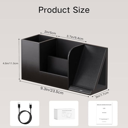 LADSTAG Pen Organizer with Phone Stand,Black Vegan Leather Desk Organizers with Remote Control Holder,Pencil Holder for Desk,Desk Organizer with Phone Charger for Office/Nightstand/Endtable