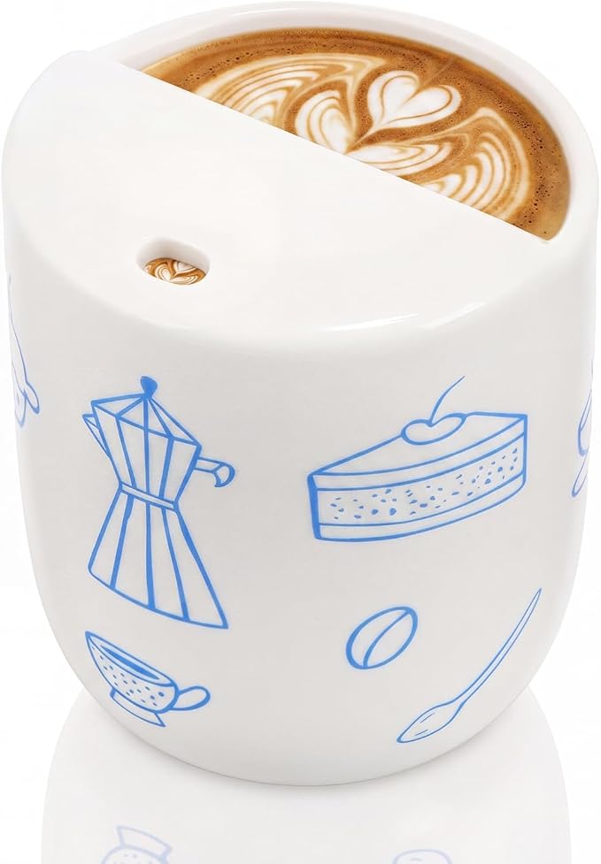 Ceramic Mug with Sip Hole 10 oz Novelty Food Pattern Ceramic Coffee Mug Hand Painted Travel Mugs Heat Resistant Non Slip Built in One Lid Handcraft Mugs for Coffee Lovers Appreciation Gift