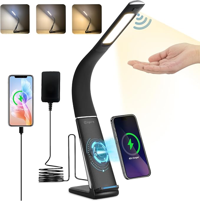 LED Desk Lamp with Wireless Charger, USB Charging Port, Stepless dimmable brightness, 3 Color Modes, Desk Lamps for Home Office, Table Lamp Eye Caring Reading Light, Gesture Control desk light