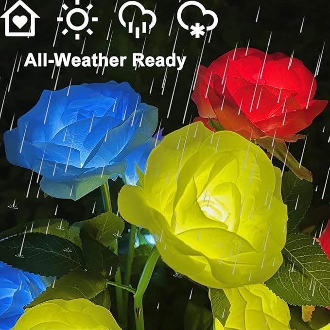 Outdoor Realistic Solar Powered Rose Flower Lights Stake,2 Pack 10 Rose Solar Garden Decorative Waterproof Lights for Backyard Patio Pathway Xmas Decoration-Blue