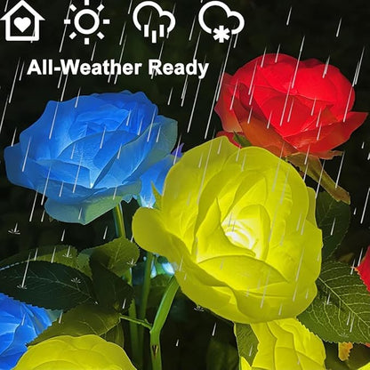 Outdoor Realistic Solar Powered Rose Flower Lights Stake,2 Pack 10 Rose Solar Garden Decorative Waterproof Lights for Backyard Patio Pathway Xmas Decoration-Blue