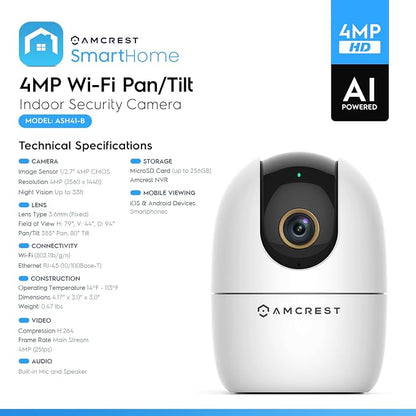 Amcrest 4MP WiFi Camera Indoor Camera, Sound & Baby Monitor, Human & Pet Detection, Motion-Tracking, w/ 2-Way Audio, Phone App, Pan/Tilt Wireless IP, Night Vision, Smart Home ASH41-W