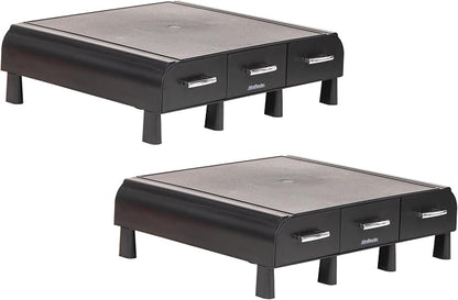 Mind Reader Monitor Stand, 3 Storage Drawers, Desktop Organizer, Riser, Office, 13.5"L x 13"W x 4"H, Set of 2, Black