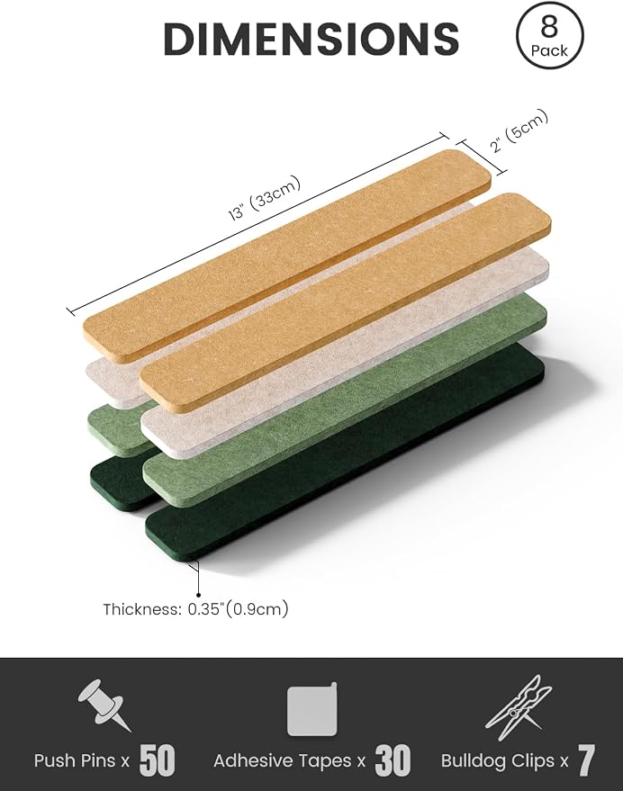 Fluxynara 13" x 2" Felt Wall Panels, Moss Glimmer | 8-Pack Includes 50 Push Pins and Adhesive Tabs for Photos, Notes and Decor in Bedroom Doors, Home Office or Studios
