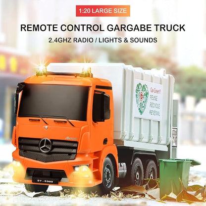 DOUBLE E Benz Licensed Remote Control Garbage Truck Electric Recycling Toy Set with Trash Bin Real Lights Rechargeable Waste Management Trash Truck Toys Gift for Kids