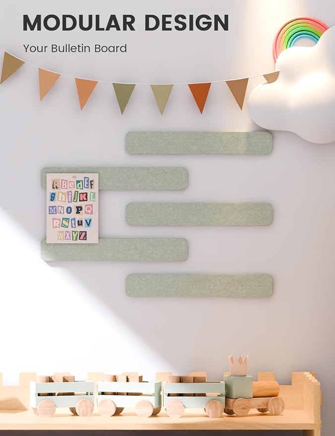 Fluxynara 13" x 2" Felt Wall Panels, Sage | 5-Pack Cork Board Alternative with 35 Push Pins, Adhesive Mounting for Bedroom Door or Home Office