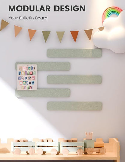 Fluxynara 13" x 2" Felt Wall Panels, Sage | 5-Pack Cork Board Alternative with 35 Push Pins, Adhesive Mounting for Bedroom Door or Home Office