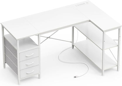 Huuger L Shaped Office Desk with Power Outlets, 47 Inch Computer Desk with 3 Drawers, Shelves, for Gaming, Corner Work, Home Office, Study, White