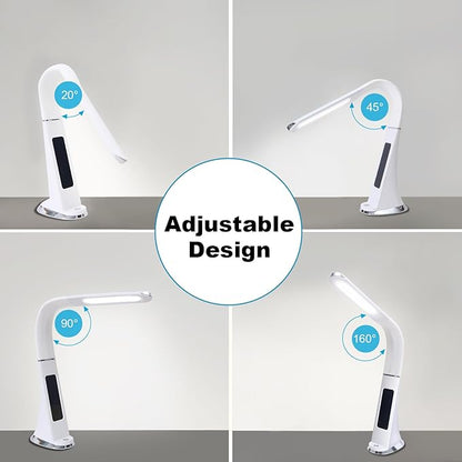 LED Desk Lamp with Digital Display Calendar Temperature,Rechargeable Desk Lamp for Home Office with Adjustable Neck,Dimmable Reading Light with Touch Control,Cordless Study Lamp with USB Charging Port