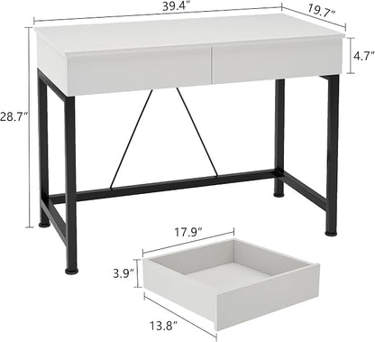 Mexin Small White Desk with 2 Wooden Drawers, 40 Inch Home Office Writing Desk, White Vanity Desk with Storage, Computer Desk for Bedroom Small Spaces, Table for Office, Work, Kids Study, Makeup