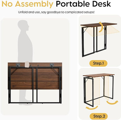 alawooder 31.5" Folding Desk: No Assembly, Wood Top for Small Spaces | Home office desk, holds 150 lbs, folds flat to 2.3 in, splash-proof wood top, sturdy metal frame
