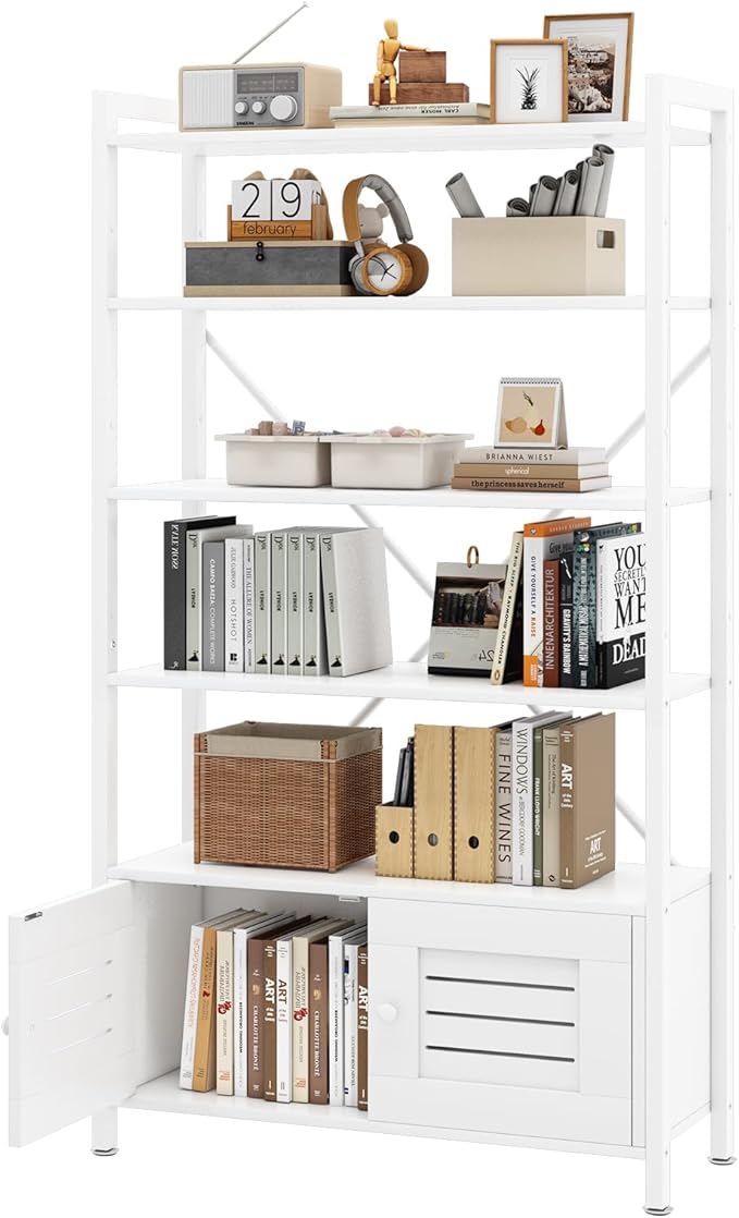 Storage Cabinet with 4 Open Shelves,1 Cupboard,White Bathroom Display Standing Shelf, White Wooden and Metal Frame Shelf for Living Room, Bathroom Bedroom, Home Office Organizer