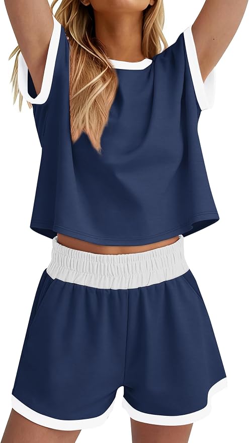 WIHOLL Two Piece Sets for Women Summer Lounge Short Sets Cap Sleeve Crew Neck Sweatsuit with Pocket XS-2XL