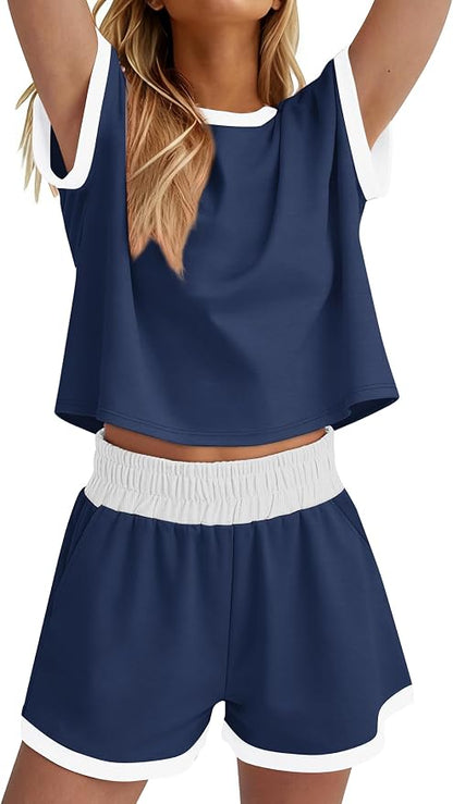 WIHOLL Two Piece Sets for Women Summer Lounge Short Sets Cap Sleeve Crew Neck Sweatsuit with Pocket XS-2XL