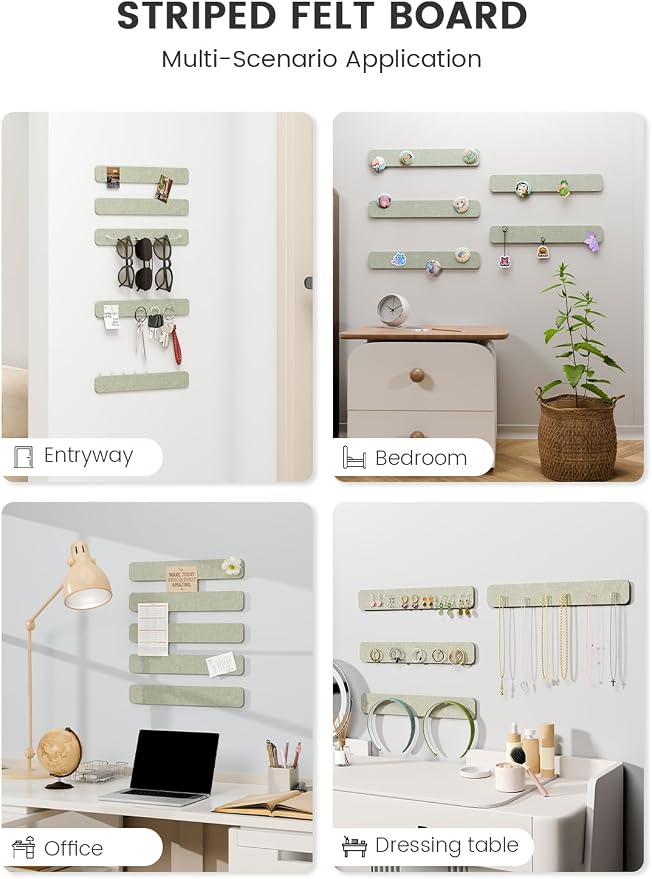 Fluxynara 13" x 2" Felt Wall Panels, Sage | 5-Pack Cork Board Alternative with 35 Push Pins, Adhesive Mounting for Bedroom Door or Home Office