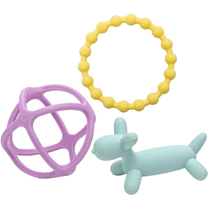 WeeSprout Silicone Baby Teether Toys for Infant Babies and Toddlers, Cute Ring, Puppy Dog, and Ball, Soft and Flexible, BPA Free, Boys and Girls (Pastel Mint, Purple & Yellow)