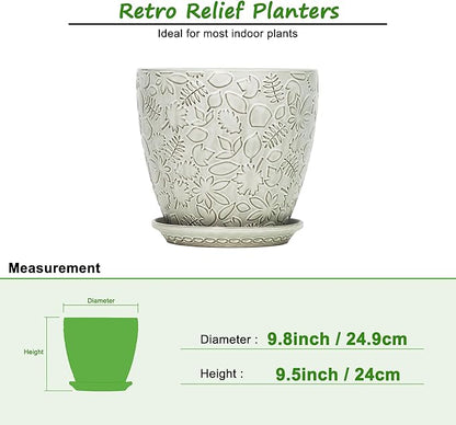 10inch Retro Ceramic Planter with Drainage Hole and Saucer for Multiple Plants, Indoor-Outdoor Garden Pots for Succulent, Orchid, and Flower (Fits Inner Pots Up to 9 Inch, Retro White)