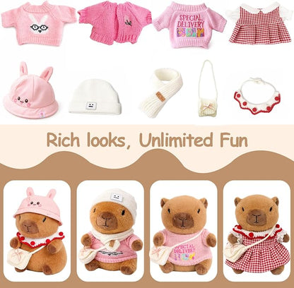 10.2" Brown Capybara Plush Toy with 9 Clothes and Accessories Super Soft Capybara Stuffed Animal for Kids Girls Boys (Pink Capybara)