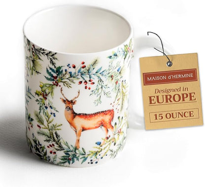 Maison d' Hermine Coffee Mug with Handles Tea Cups (15 Ounce, Pack of 1) | Fine Bone China Coffee Mugs for Hot Beverages Cappuccino Latte Home Restaurant Hotel Spring Summer -Holly Time - Biche