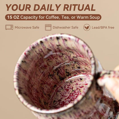 Unique Reactive Glaze Ceramic Coffee Mug - 15 oz Large Coffee Cup with Ergonomic Handle, Handmade Lava Red Ceramic Mug for Office & Home, Great Birthday Gift for Women, Men & Friends, Microwave Safe