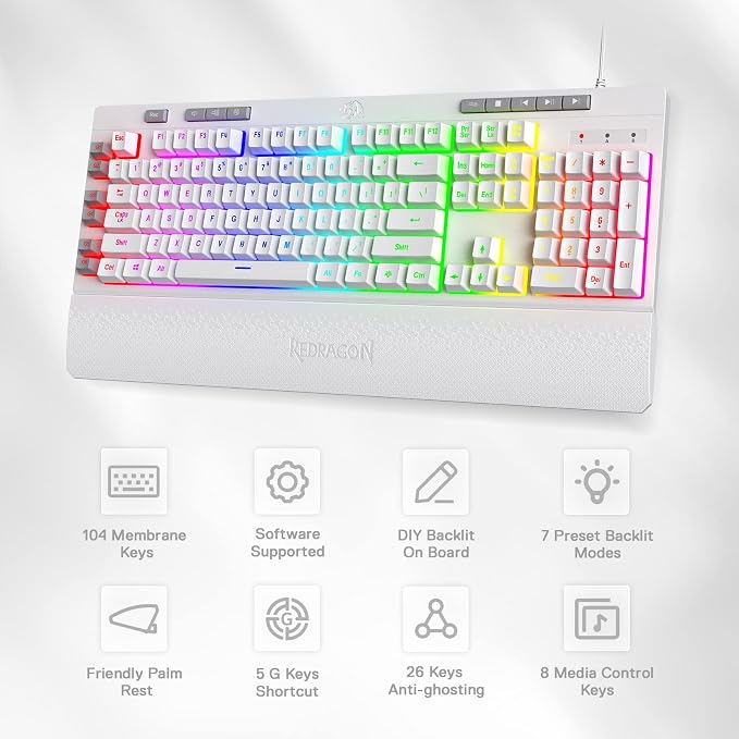 Redragon K512 RGB Membrane Gaming Keyboard, 6 Macro Keys & Easy Media Wheel | Dedicated Scroll Controls, No Software Needed 6 On-the-Fly Combos for Extensive Games, 13 Backlight Modes, Wrist Support