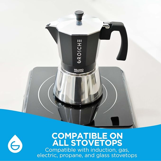 GROSCHE Milano Induction Stovetop Espresso Maker Moka Pot 6 Cup (Black) | Induction Moka Pot For Gas, Electric And Induction Cooktops With Aluminum Upper Chamber, Stainless Steel Base, And Burn Guard